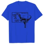 Blue T-shirt featuring a dinosaur illustration with physics concepts like distance, time, and velocity, perfect for science enthusiasts and educational purposes.