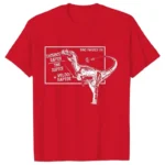 Red T-shirt featuring a white dinosaur diagram with physics concepts like distance, time, velocity, and raptor. Perfect for science enthusiasts and educators.
