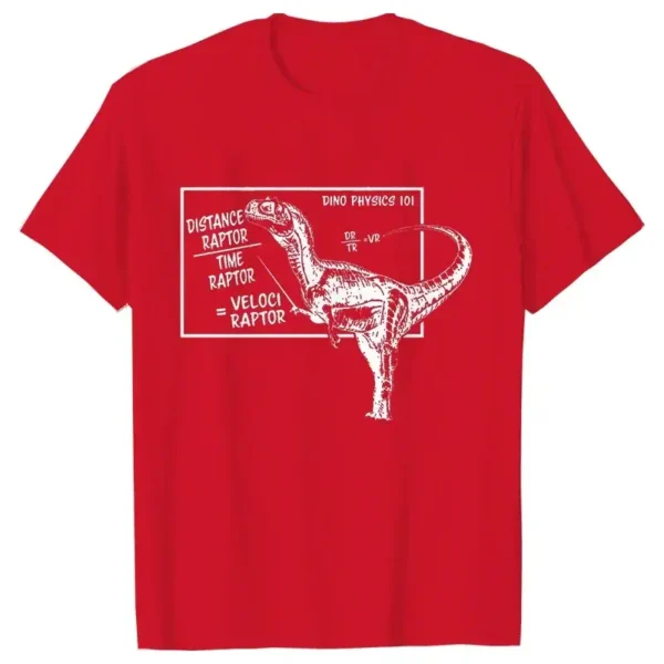 Red T-shirt featuring a white dinosaur diagram with physics concepts like distance, time, velocity, and raptor. Perfect for science enthusiasts and educators.