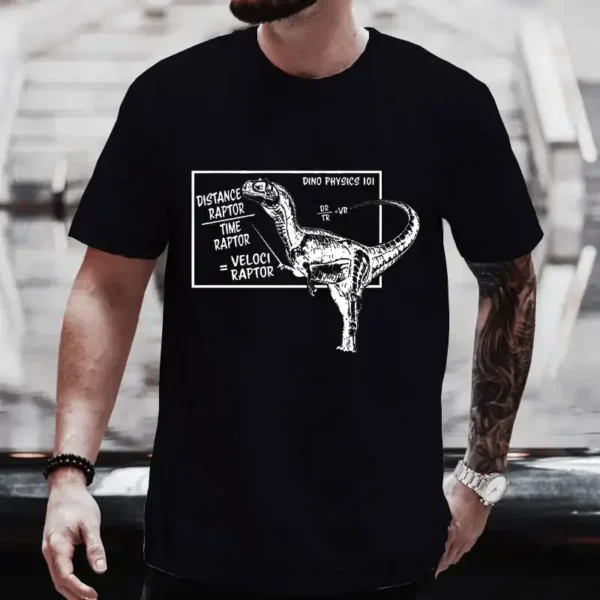 Black T-shirt featuring a dinosaur diagram with labels like "Distance Raptor" and "Time Raptor" for science and education enthusiasts.