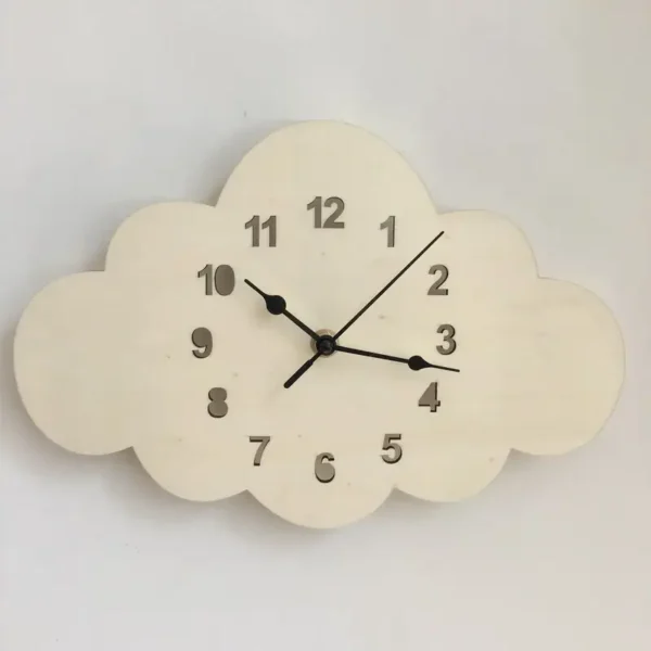 Stylish cloud-shaped wall clock featuring clear black numerals and hands, perfect for modern home decor or educational settings.
