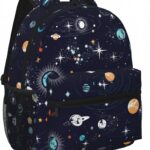 Backpack featuring a vibrant space and galaxy print with planets, stars, and celestial bodies, perfect for young science lovers.