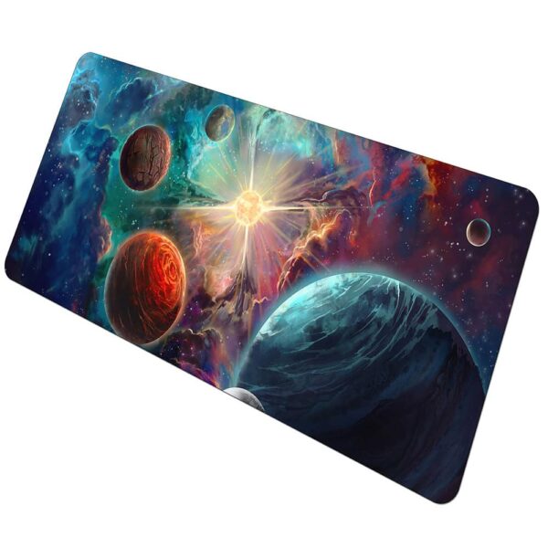 Vibrant cosmic space scene educational mat featuring planets, stars, and nebulae for science learning and decor.