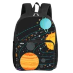 Vibrant space-themed backpack featuring planets, stars, and cosmic elements, perfect for students and space enthusiasts. Durable design with multiple compartments for school essentials.