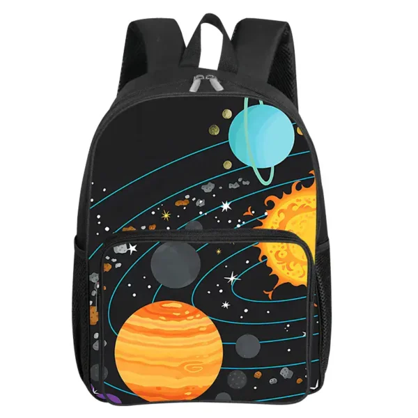 Vibrant space-themed backpack featuring planets, stars, and cosmic elements, perfect for students and space enthusiasts. Durable design with multiple compartments for school essentials.