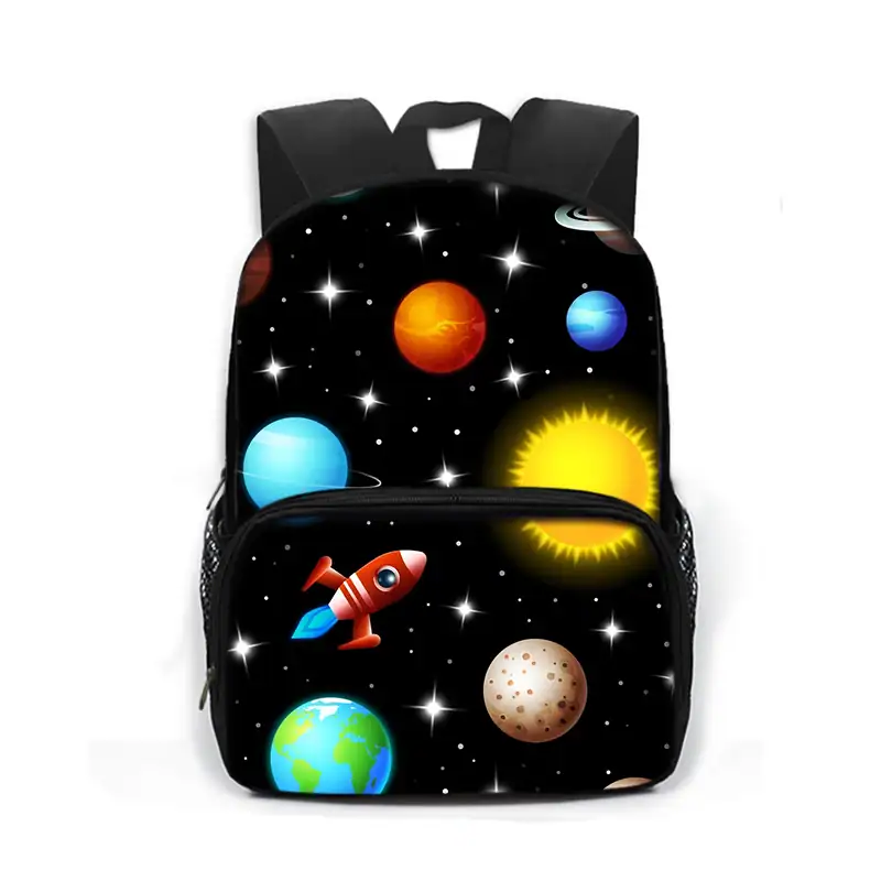 Space-themed Kids Backpack with Planets and Rocket Design Colorful space-themed children's backpack featuring planets, a rocket, and stars, perfect for young explorers and science enthusiasts.