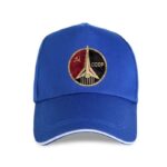 Blue baseball cap featuring a vintage Soviet space program emblem with a rocket, hammer and sickle, and "CCCP" text, representing Cold War space exploration history.