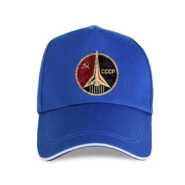 Blue baseball cap featuring a vintage Soviet space program emblem with a rocket, hammer and sickle, and "CCCP" text, representing Cold War space exploration history.