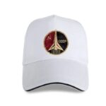 White baseball cap featuring a vintage Soviet space program emblem with a rocket, hammer and sickle, and "CCCP" text, symbolizing the USSR's space achievements.