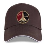 Classic Soviet-era space exploration hat featuring the CCCP logo and a rocket illustration, symbolizing the USSR's space achievements.