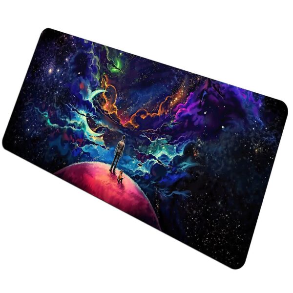 Vibrant cosmic space-themed mouse pad featuring a person and dog on a pink planet with swirling nebulae and stars in the background. Perfect for science and space enthusiasts.