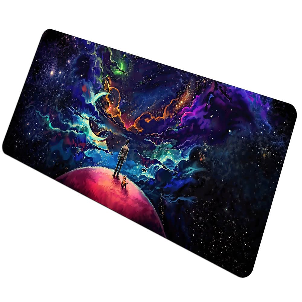 Cosmic Space Art Mouse Pad Vibrant cosmic space-themed mouse pad featuring a person and dog on a pink planet with swirling nebulae and stars in the background. Perfect for science and space enthusiasts.