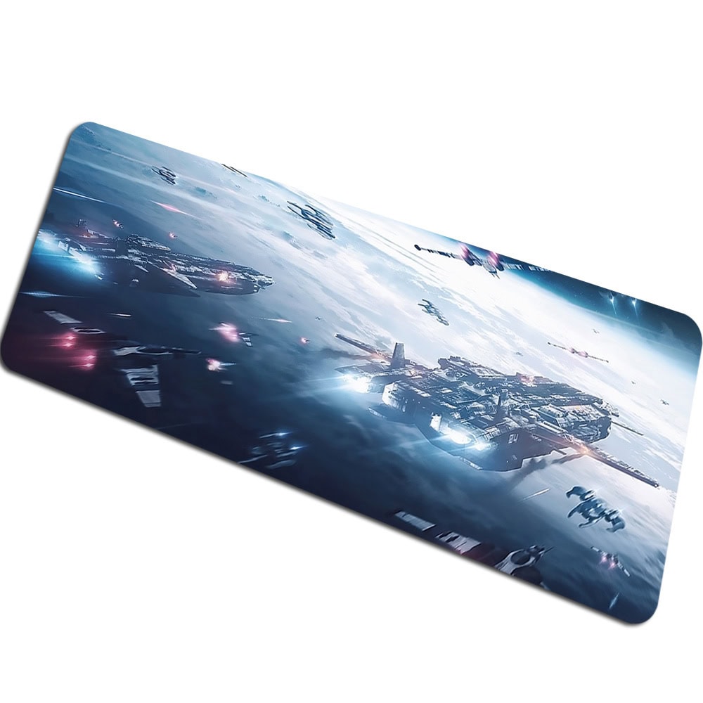 Starship Fleet in Space Battle Scene Futuristic space battle scene with multiple starships and spacecraft engaging in combat in deep space.