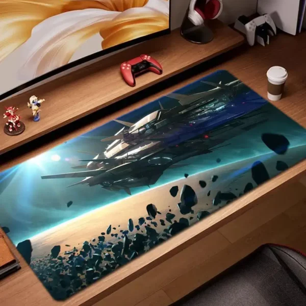 Futuristic spaceship desk mat featuring a detailed space scene with a spaceship flying through an asteroid field, perfect for gaming or workspace decor.