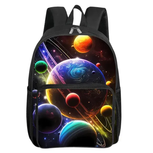 Space-themed galaxy backpack featuring vibrant planets and cosmic nebula design, perfect for students and space enthusiasts.