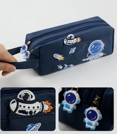 Space-themed pencil case with astronaut and rocket charms, perfect for science enthusiasts.
