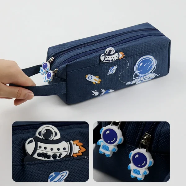 Space-themed pencil case with astronaut and rocket charms, perfect for science enthusiasts.