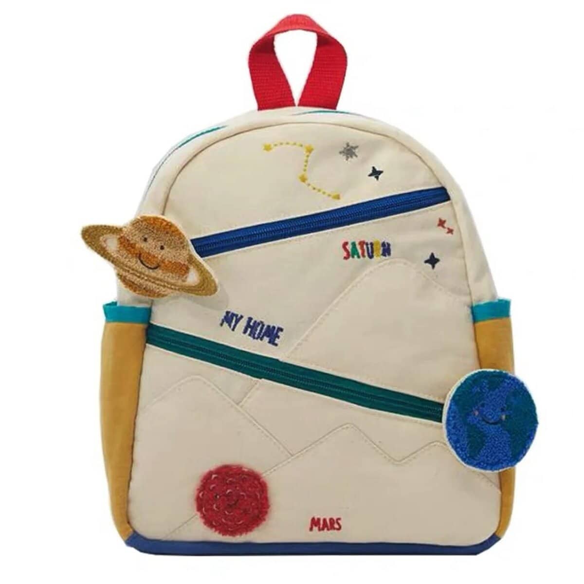 Space-themed children's backpack with planet and star patches, colorful zippers, and playful design elements. Perfect for young explorers and science enthusiasts. Space Toddler Backpack - Image 1