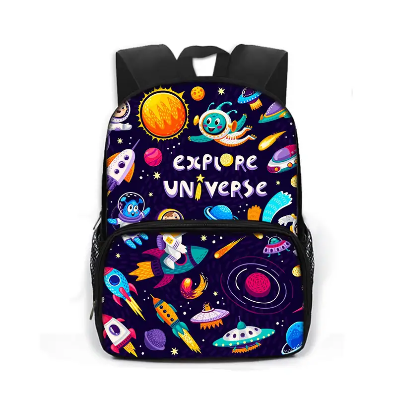 Colorful kids backpack featuring space-themed illustrations like rockets, planets, and aliens with the phrase "Explore Universe" for young science enthusiasts.