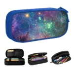 Galaxy pattern pencil case with a vibrant space-themed design featuring stars and nebulae. Perfect for students and space enthusiasts to store pens, pencils, and stationery.