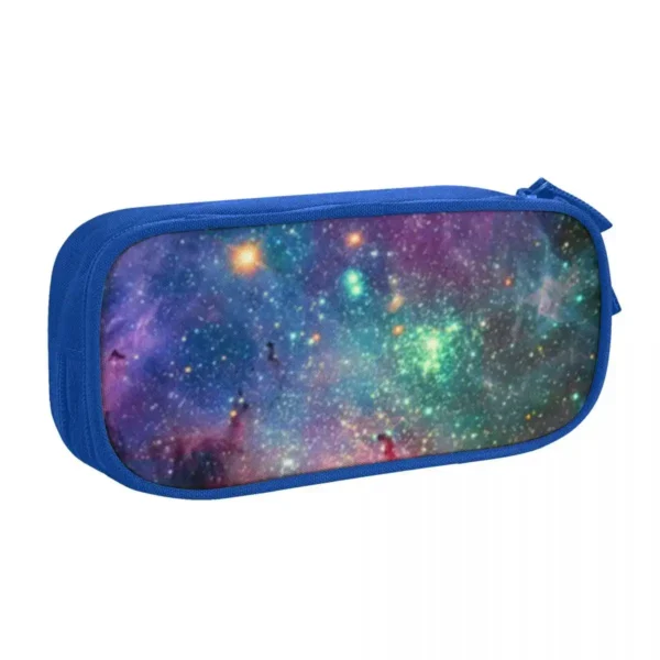 Colorful galaxy-themed pencil case with vibrant star and nebula designs, perfect for students and science enthusiasts.