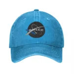 Blue baseball cap featuring a space-themed design with a rocket, planet, and stars, perfect for space enthusiasts and educational purposes.