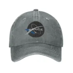 Gray distressed baseball cap featuring a space-themed embroidered patch with a rocket, planet, and the word "SPACE" for space enthusiasts and science lovers.