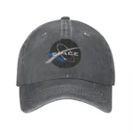 Gray baseball cap featuring a space-themed logo with a rocket and planets, perfect for space enthusiasts and science lovers.