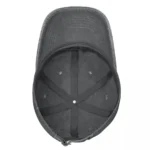 Black baseball cap with adjustable strap, viewed from the inside, showing the interior lining and stitching.