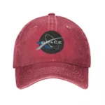 Red baseball cap featuring a space-themed logo with a rocket and planets, perfect for science enthusiasts and space lovers.
