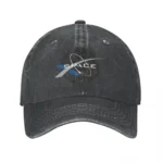Black baseball cap featuring a space-themed logo with a rocket and the word "SPACE" embroidered on the front, perfect for science enthusiasts and space lovers.