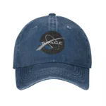 Denim baseball cap featuring a space-themed logo with a planet, orbit, and the word "SPACE" in a modern font, perfect for science enthusiasts and space lovers.