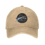 Beige baseball cap featuring a NASA logo with a rocket and space background, perfect for space enthusiasts and educational purposes.