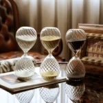 Set of three crystal-clear hourglasses with different sand colors (white, yellow, black) on a reflective surface, showcasing their intricate diamond-cut design and elegant appearance.