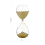 Clear plastic sand timer hourglass measuring 8cm by 20.5cm, used for science experiments, educational activities, and decorative purposes.
