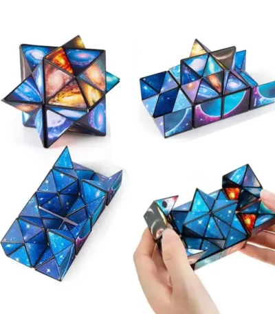 Colorful galaxy-themed geometric puzzle toys for brain training, decoration, and educational play, featuring star and nebula designs in various shapes and sizes.