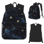Backpack featuring a galaxy design with stars and constellations on a dark background, perfect for science enthusiasts and students.