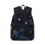 Kids backpack featuring a galaxy star pattern with constellations and bright stars, perfect for science enthusiasts and students.