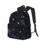 Stylish galaxy-themed backpack featuring a starry night sky design with constellations, perfect for students and science enthusiasts.