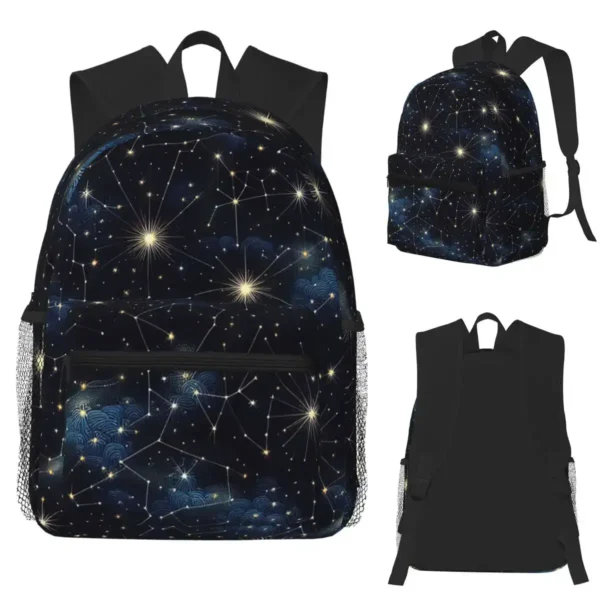 Backpack featuring a galaxy design with stars and constellations on a dark background, perfect for science enthusiasts and students.