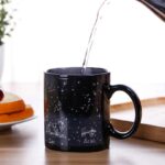 Black zodiac mug featuring constellation patterns and animal illustrations for Leo and Aries, perfect for astrology enthusiasts.