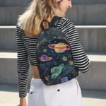 Backpack featuring a vibrant space pattern with planets, stars, and cosmic elements, perfect for students and science enthusiasts.