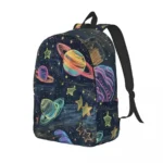 Backpack featuring colorful planets and stars on a dark space background.