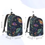 Brightly colored galaxy print backpack with planets, stars, and cosmic elements on a dark background.