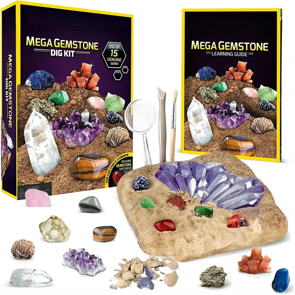 Educational gemstone digging kit for kids and adults, includes tools and a variety of colorful, genuine-looking gemstones and minerals for hands-on learning and exploration.