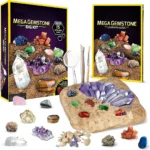 Educational gemstone digging kit for kids and adults, includes tools and a variety of colorful, genuine-looking gemstones and minerals for hands-on learning and exploration.
