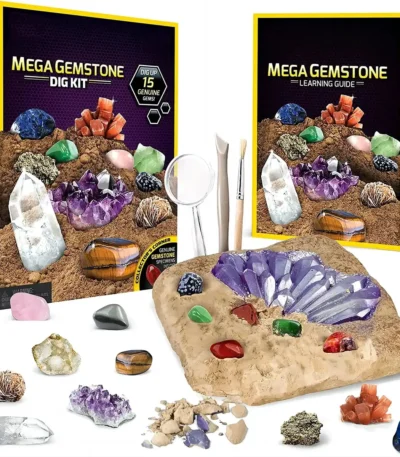 Educational gemstone digging kit for kids and adults, includes tools and a variety of colorful, genuine-looking gemstones and minerals for hands-on learning and exploration.