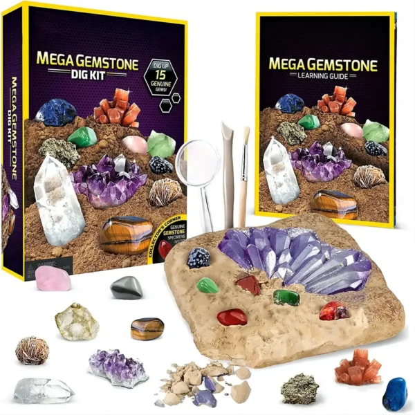 Educational gemstone digging kit for kids and adults, includes tools and a variety of colorful, genuine-looking gemstones and minerals for hands-on learning and exploration.