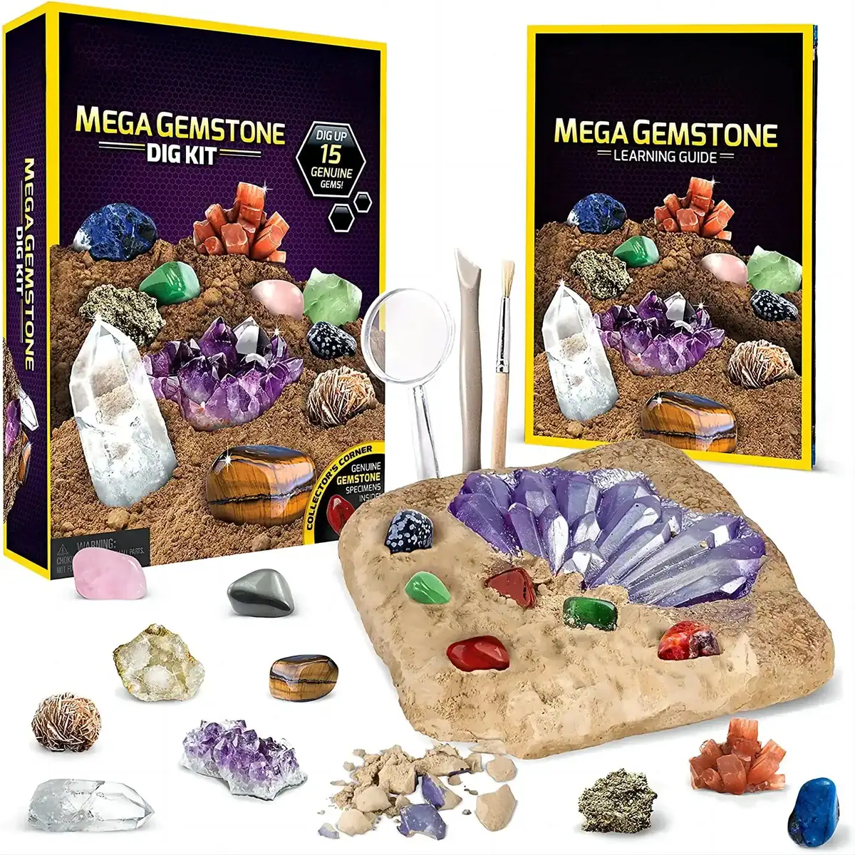 Mega Gemstone Dig Kit Educational gemstone digging kit for kids and adults, includes tools and a variety of colorful, genuine-looking gemstones and minerals for hands-on learning and exploration.