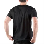Man wearing a plain black casual T-shirt, back view, suitable for everyday wear and comfortable style.